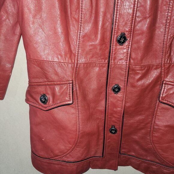 Oxblood Red Genuine Leather Jacket Long Women's Size M/L Button 3/4 Sleeve Chic - Picture 4 of 12